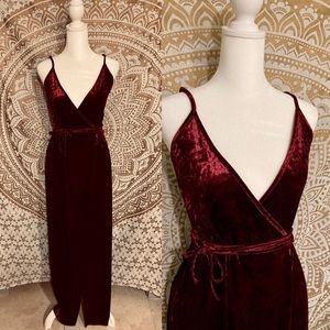 Ruby red crushed velvet maxi wrap dress
